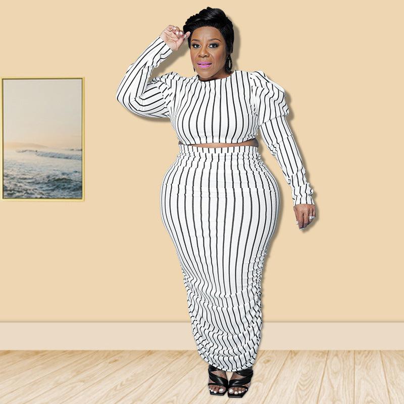 Curvy Fit | & Plus-Size Clothing | Plus Size Women Clothing Summer Striped Printed Bubble Long Sleeve Casual Suit - Modestly Vogue 