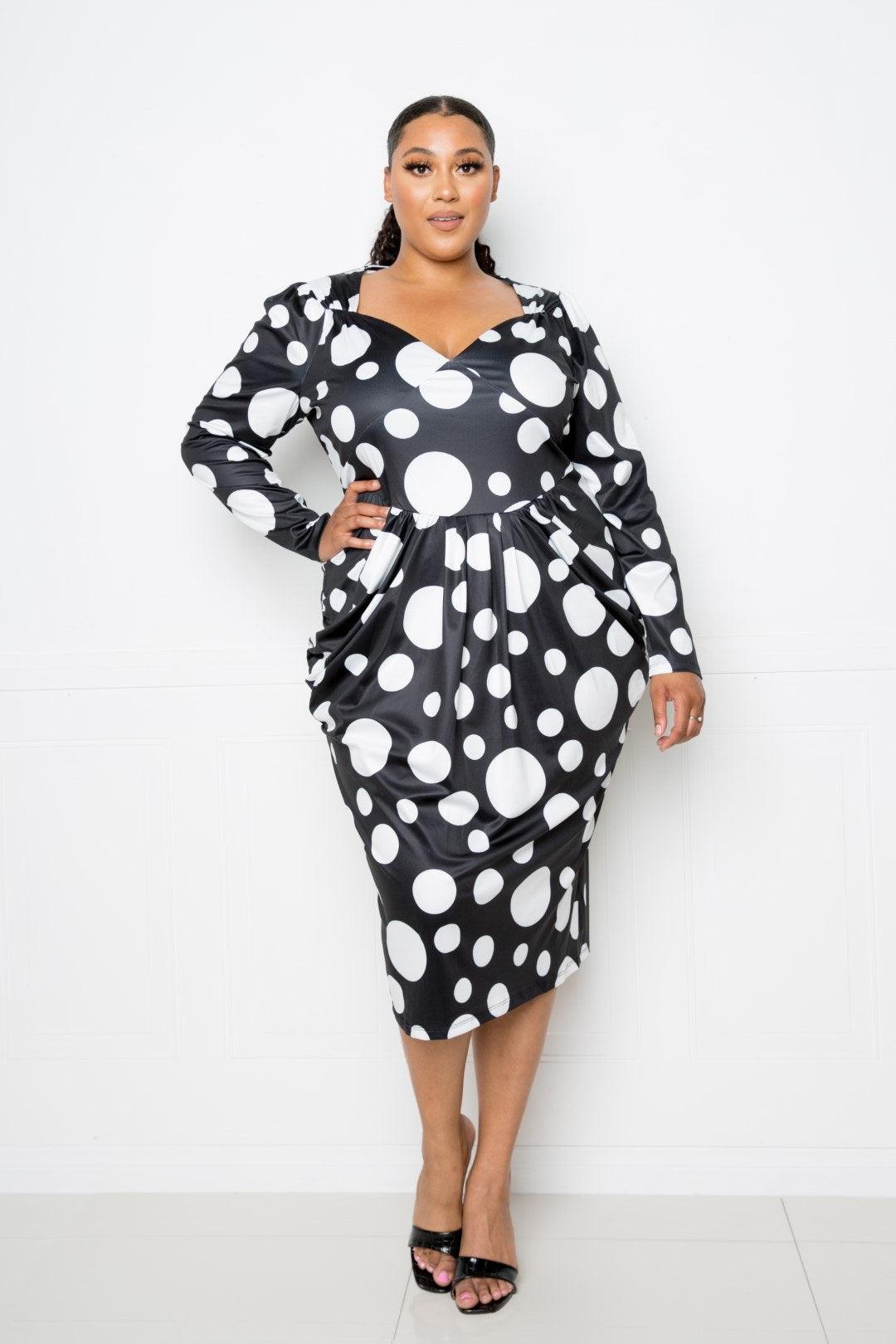 Flattering Curvy Fit | Stylish & Comfortable Plus-Size Clothing | Modestly Vogue Polka Dot Drop Waist Ruched Midi Dress - Modestly Vogue 