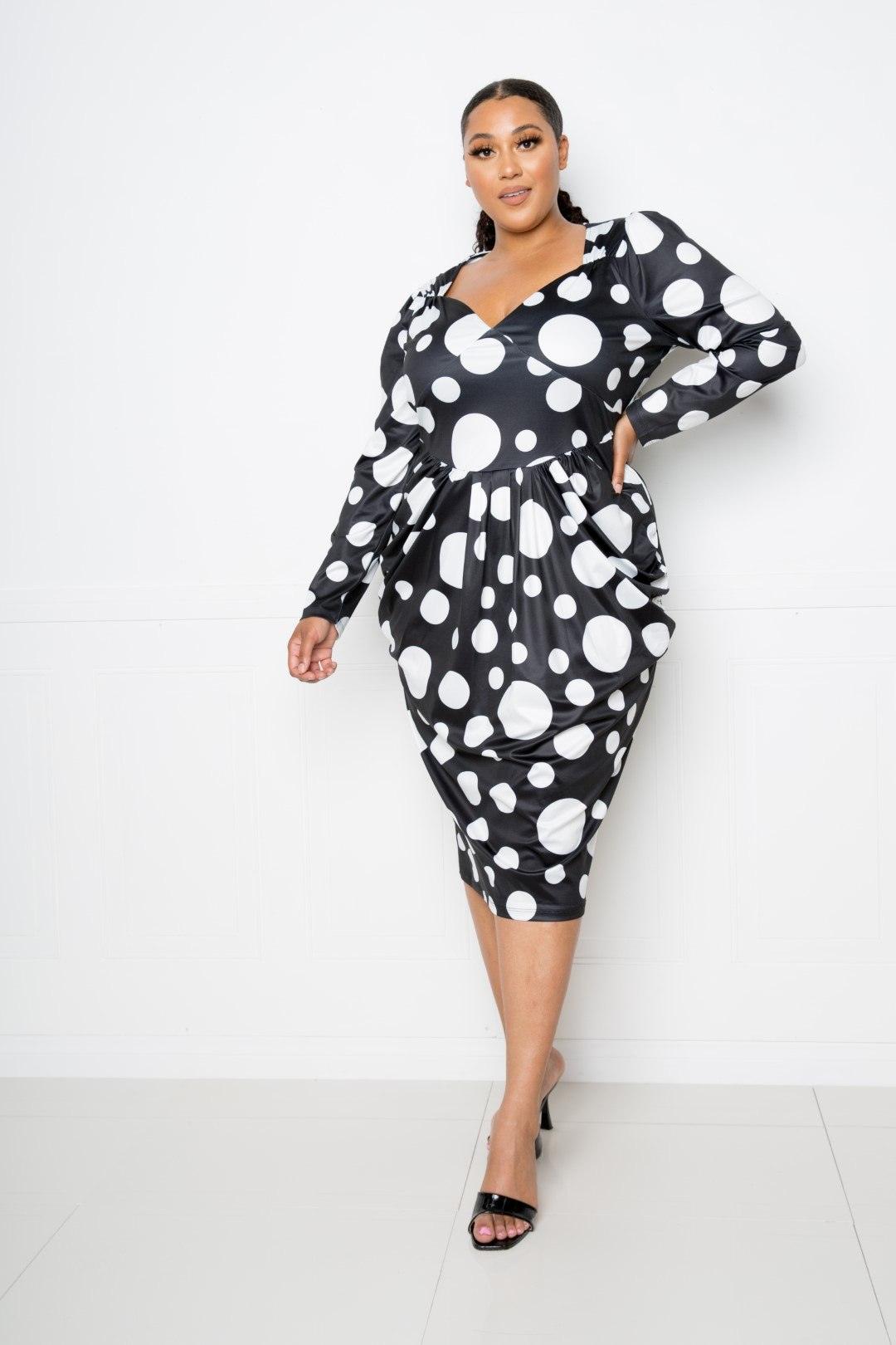 Flattering Curvy Fit | Stylish & Comfortable Plus-Size Clothing | Modestly Vogue Polka Dot Drop Waist Ruched Midi Dress - Modestly Vogue 