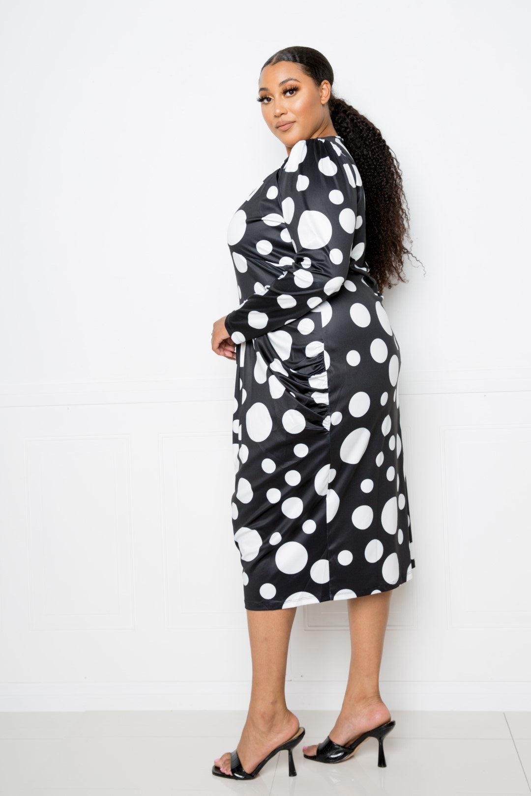 Flattering Curvy Fit | Stylish & Comfortable Plus-Size Clothing | Modestly Vogue Polka Dot Drop Waist Ruched Midi Dress - Modestly Vogue 