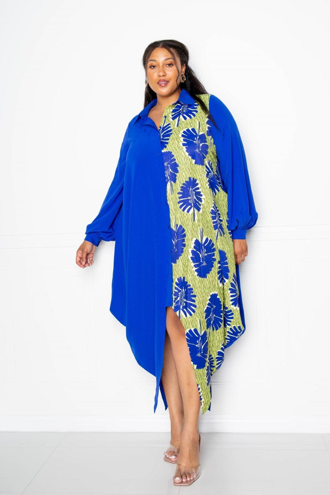 Flattering Curvy Fit | Stylish & Comfortable Plus-Size Clothing | Modestly Vogue Print Drapy Shirt Maxi Dress - Modestly Vogue 