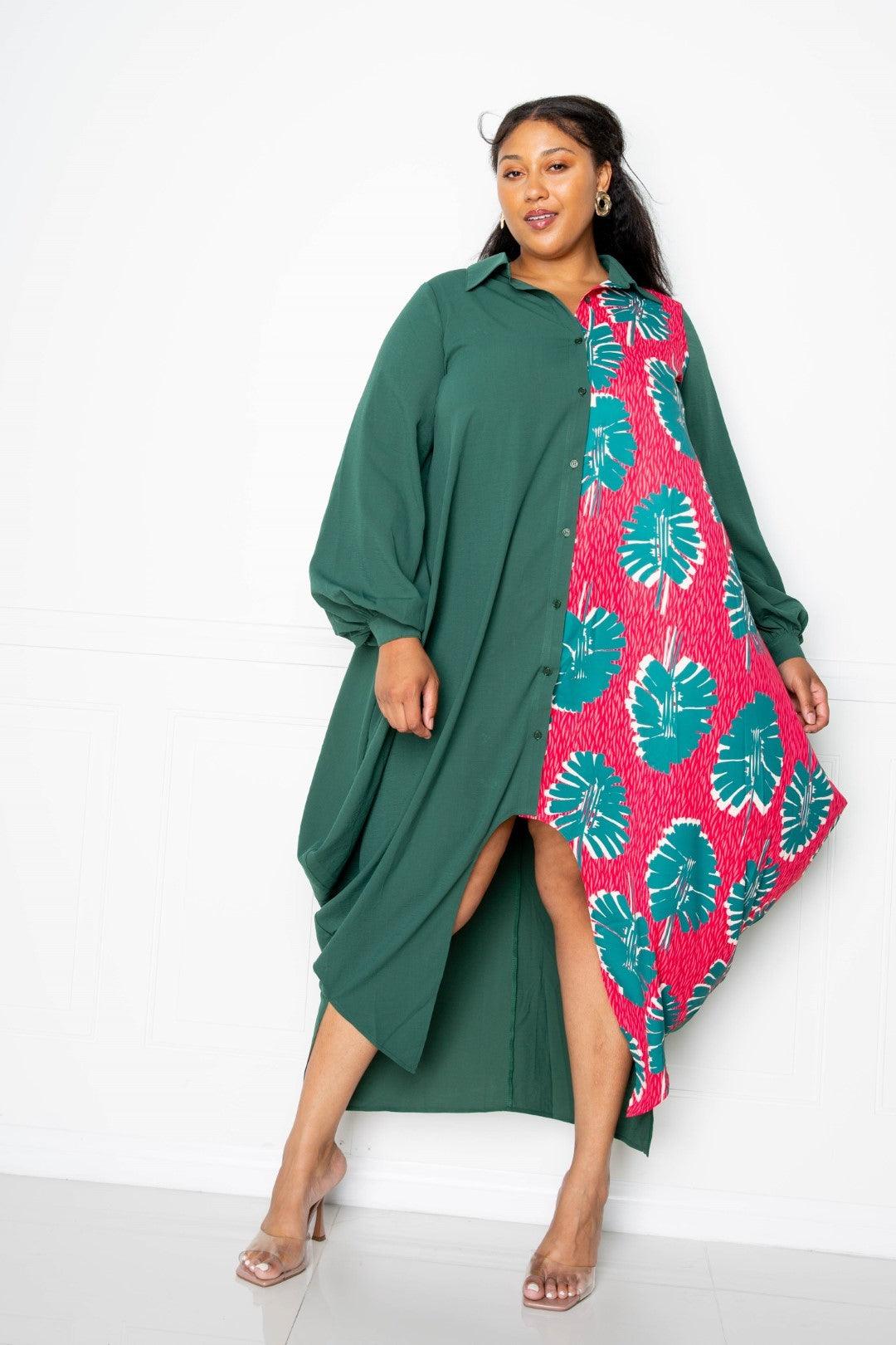 Flattering Curvy Fit | Stylish & Comfortable Plus-Size Clothing | Modestly Vogue Print Drapy Shirt Maxi Dress - Modestly Vogue 