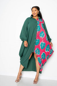 Flattering Curvy Fit | Stylish & Comfortable Plus-Size Clothing | Modestly Vogue Print Drapy Shirt Maxi Dress - Modestly Vogue 