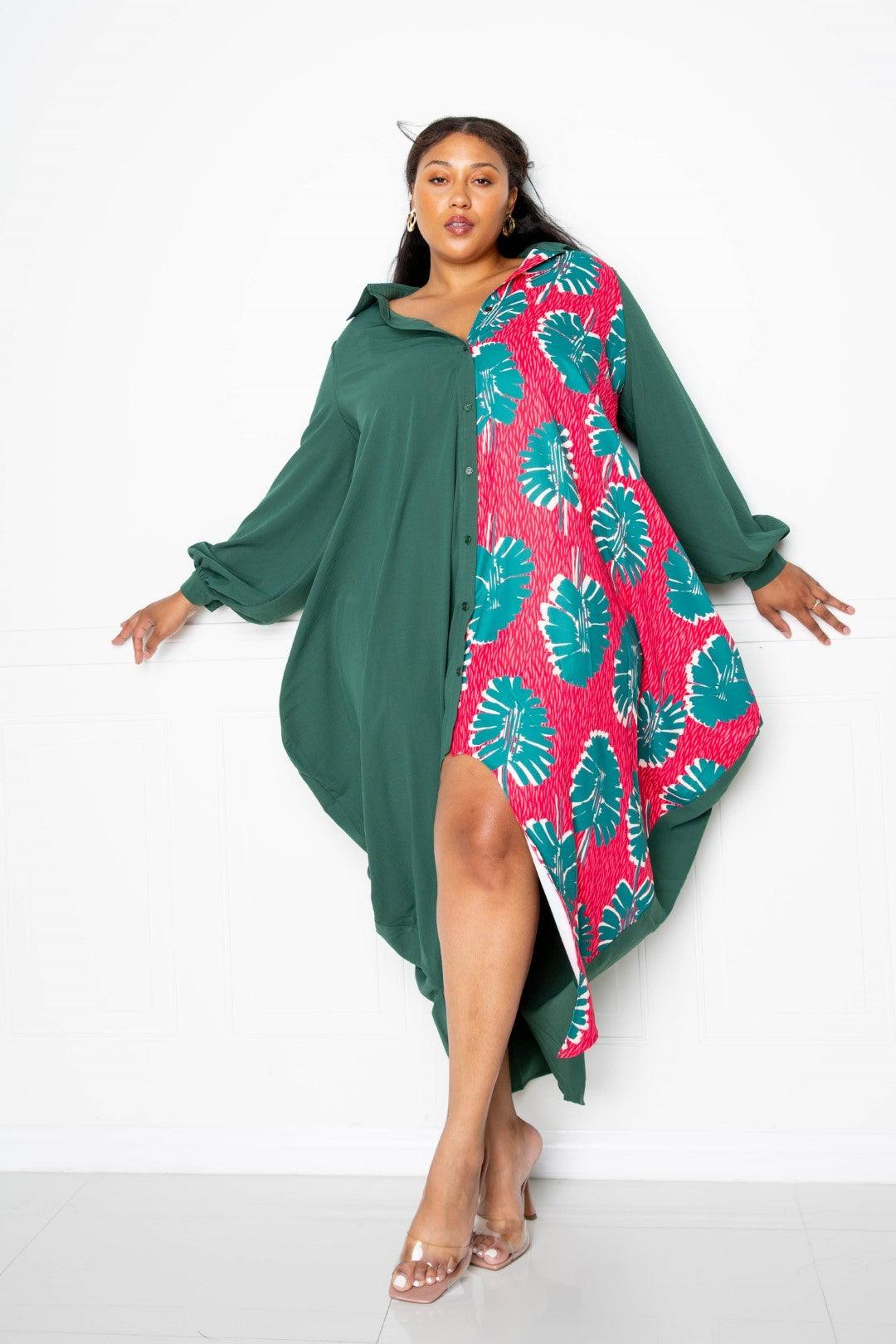 Flattering Curvy Fit | Stylish & Comfortable Plus-Size Clothing | Modestly Vogue Print Drapy Shirt Maxi Dress - Modestly Vogue 