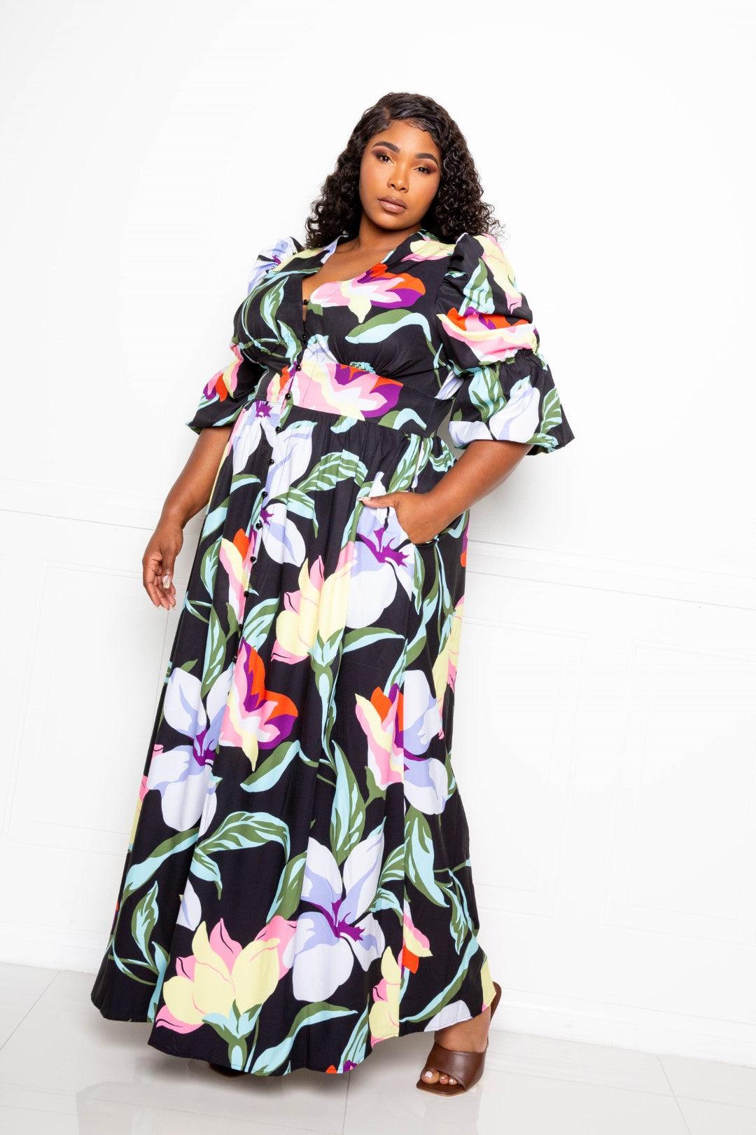 Flattering Curvy Fit | Stylish & Comfortable Plus-Size Clothing | Modestly Vogue Puff Sleeve Button Front Dress - Modestly Vogue 