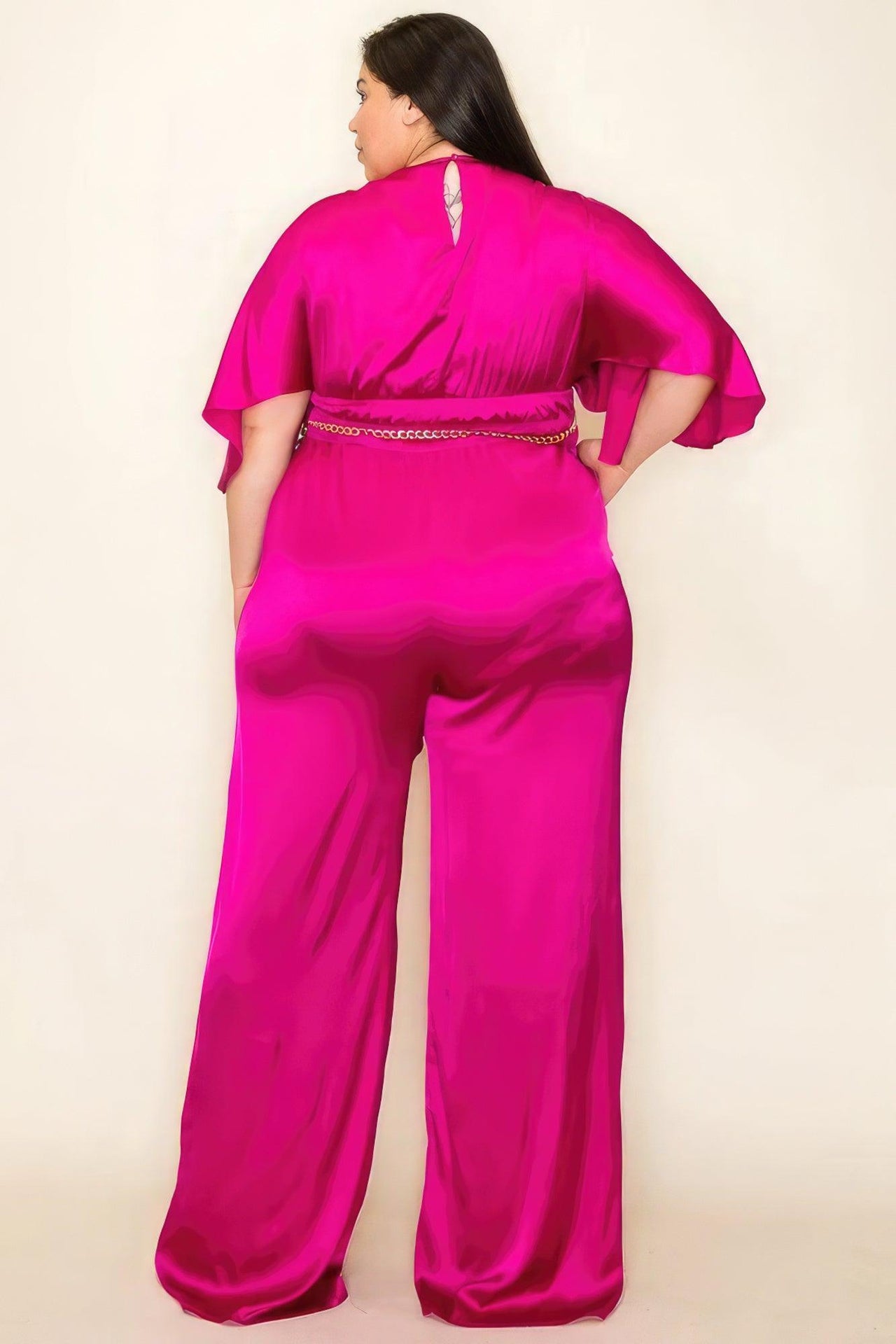 Flattering Curvy Fit | Stylish & Comfortable Plus-Size Clothing | Modestly Vogue Satin Wrap Front Short Sleeve Smocked Waist Jumpsuit - Modestly Vogue 