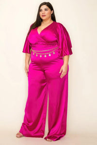 Flattering Curvy Fit | Stylish & Comfortable Plus-Size Clothing | Modestly Vogue Satin Wrap Front Short Sleeve Smocked Waist Jumpsuit - Modestly Vogue 