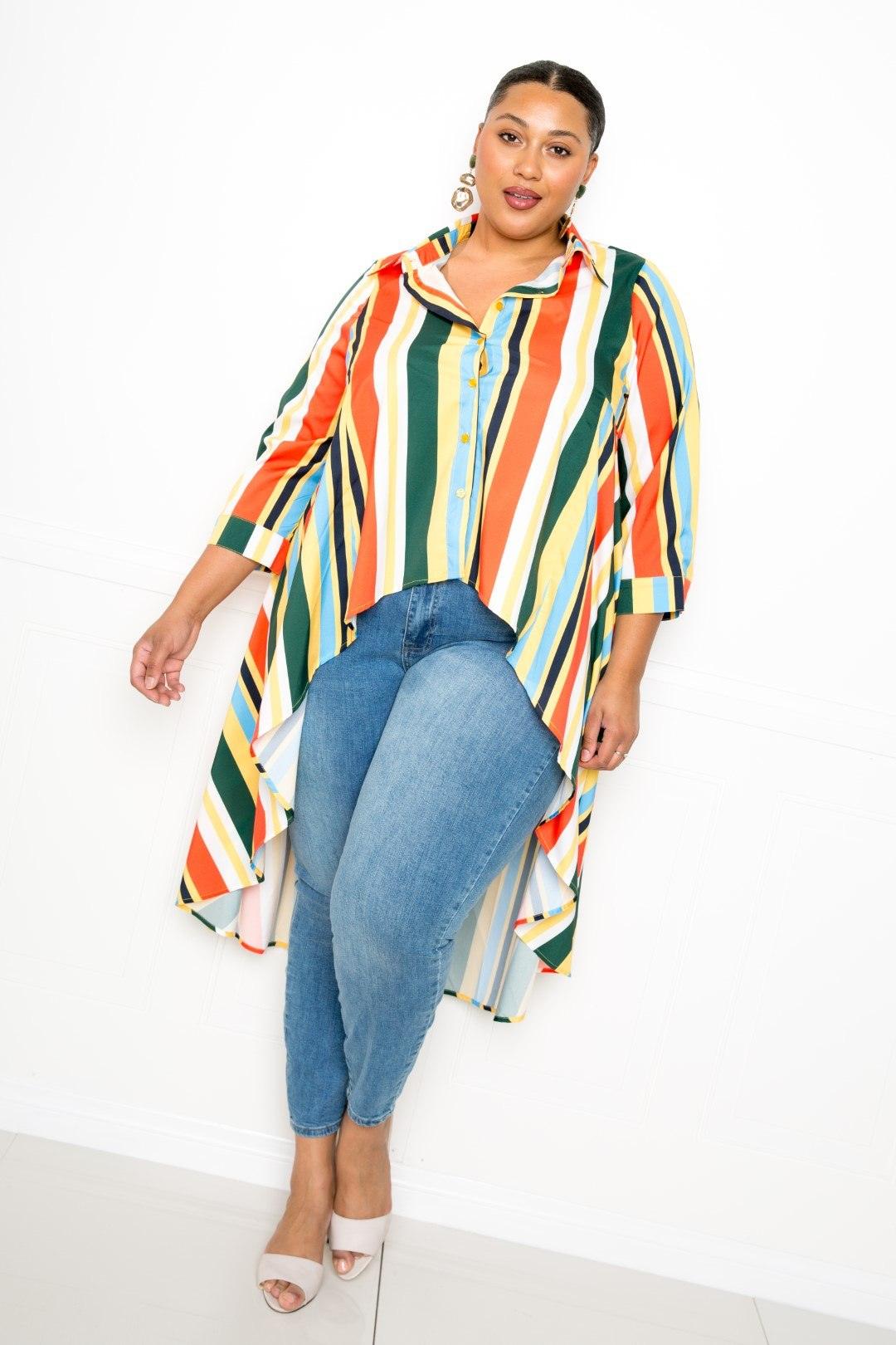 Flattering Curvy Fit | Stylish & Comfortable Plus-Size Clothing | Modestly Vogue Striped Hi Low Shirt - Modestly Vogue 