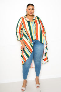 Flattering Curvy Fit | Stylish & Comfortable Plus-Size Clothing | Modestly Vogue Striped Hi Low Shirt - Modestly Vogue 