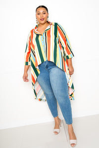 Flattering Curvy Fit | Stylish & Comfortable Plus-Size Clothing | Modestly Vogue Striped Hi Low Shirt - Modestly Vogue 