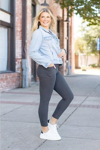 Flattering Curvy Fit | Stylish & Comfortable Plus-Size Clothing | Modestly Vogue The Amy -7/8 Ankle Length CHARCOAL Leggings Pocket - Modestly Vogue 