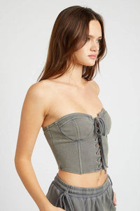 Denim French Terry Strapless Bustier Top - Modestly Vogue 