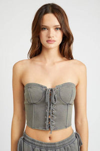 Denim French Terry Strapless Bustier Top - Modestly Vogue 