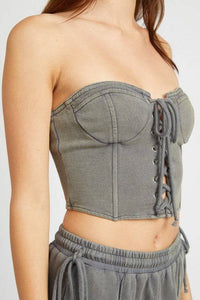 Denim French Terry Strapless Bustier Top - Modestly Vogue 