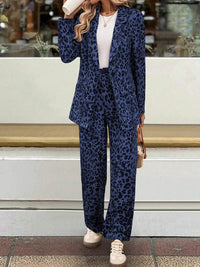 Full Size Leopard Lapel Collar Long Sleeve Blazer and Pants Set - Modestly Vogue 