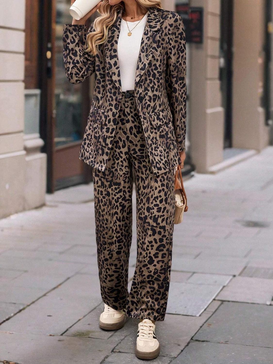 Full Size Leopard Lapel Collar Long Sleeve Blazer and Pants Set - Modestly Vogue 