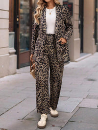 Full Size Leopard Lapel Collar Long Sleeve Blazer and Pants Set - Modestly Vogue 