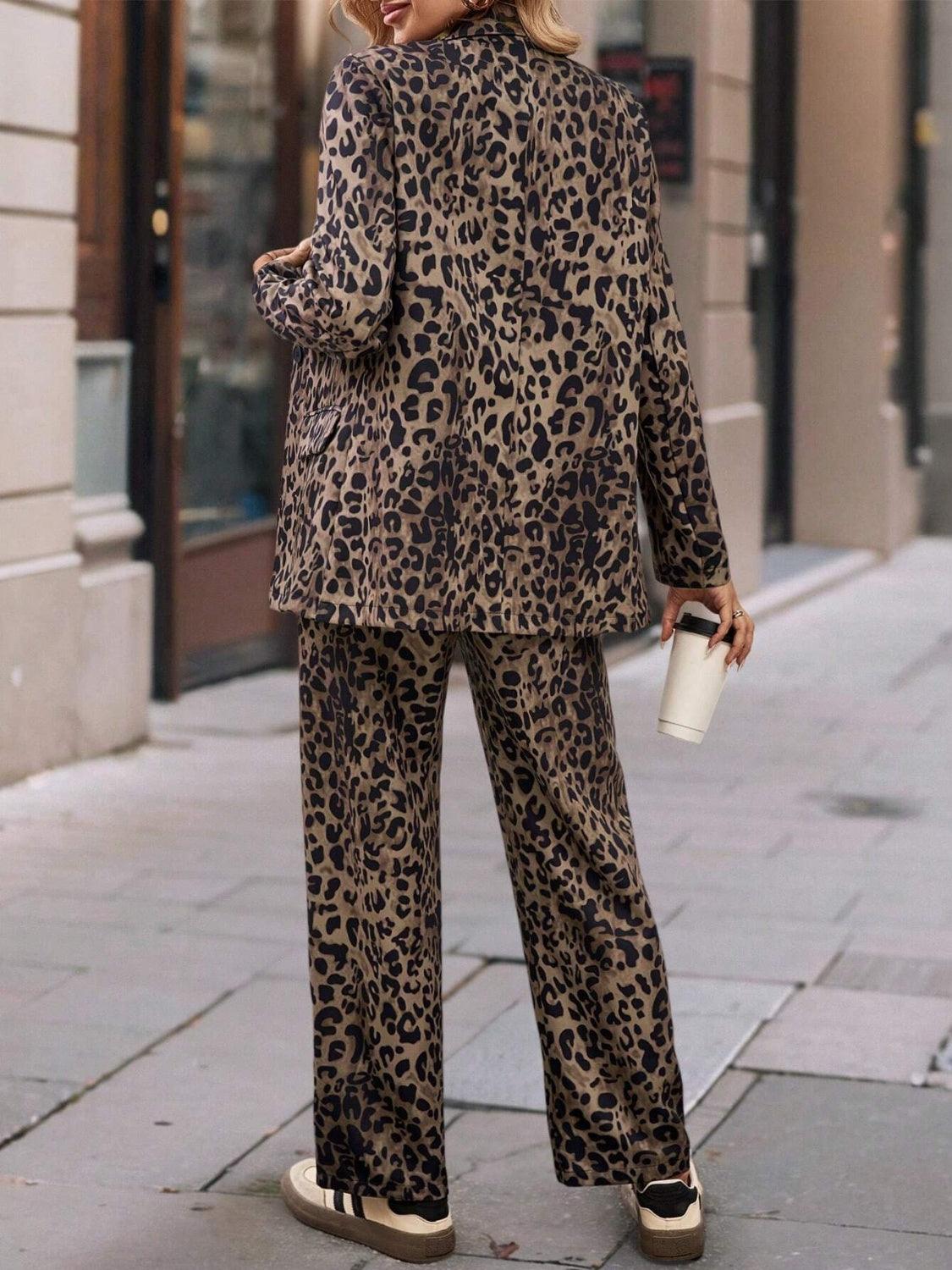 Full Size Leopard Lapel Collar Long Sleeve Blazer and Pants Set - Modestly Vogue 