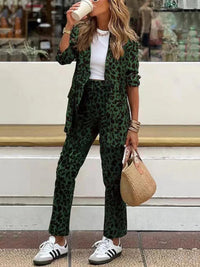 Full Size Leopard Lapel Collar Long Sleeve Blazer and Pants Set - Modestly Vogue 