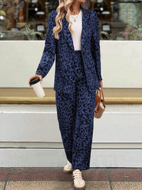 Full Size Leopard Lapel Collar Long Sleeve Blazer and Pants Set - Modestly Vogue 