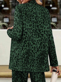 Full Size Leopard Lapel Collar Long Sleeve Blazer and Pants Set - Modestly Vogue 