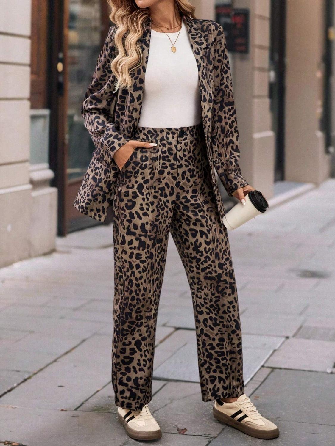 Full Size Leopard Lapel Collar Long Sleeve Blazer and Pants Set - Modestly Vogue 