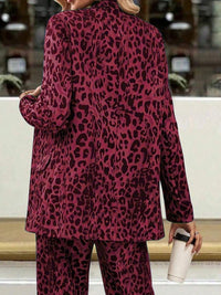 Full Size Leopard Lapel Collar Long Sleeve Blazer and Pants Set - Modestly Vogue 