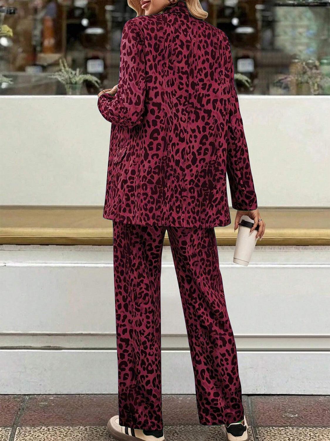 Full Size Leopard Lapel Collar Long Sleeve Blazer and Pants Set - Modestly Vogue 