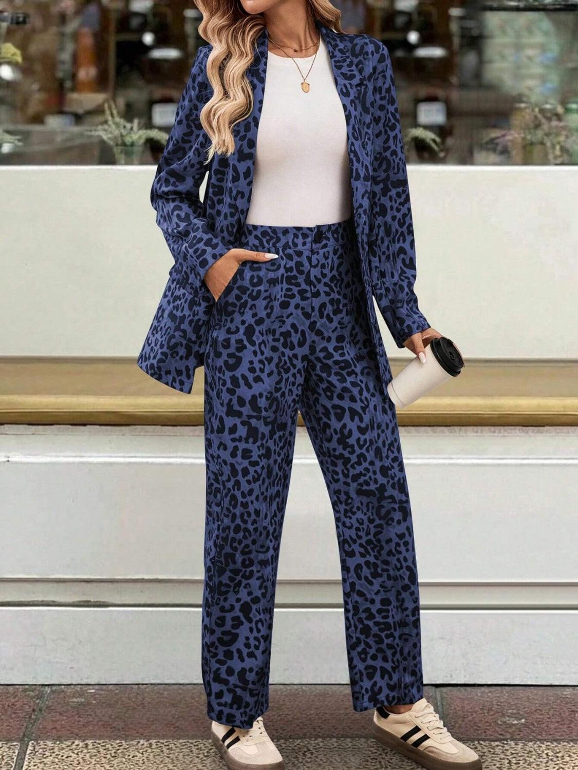 Full Size Leopard Lapel Collar Long Sleeve Blazer and Pants Set - Modestly Vogue 