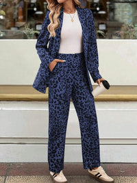 Full Size Leopard Lapel Collar Long Sleeve Blazer and Pants Set - Modestly Vogue 