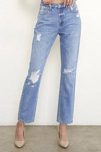 Denim High Rise Distressed Girlfriend Fit Jeans - Modestly Vogue 