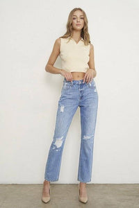 Denim High Rise Distressed Girlfriend Fit Jeans - Modestly Vogue 