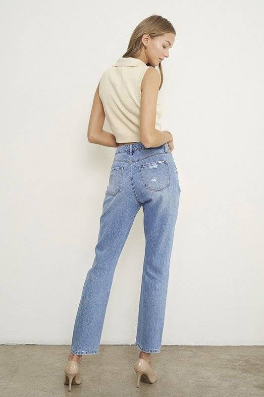 Denim High Rise Distressed Girlfriend Fit Jeans - Modestly Vogue 