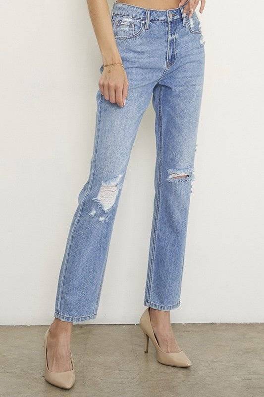 Denim High Rise Distressed Girlfriend Fit Jeans - Modestly Vogue 