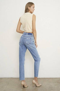 Denim High Rise Distressed Girlfriend Fit Jeans - Modestly Vogue 