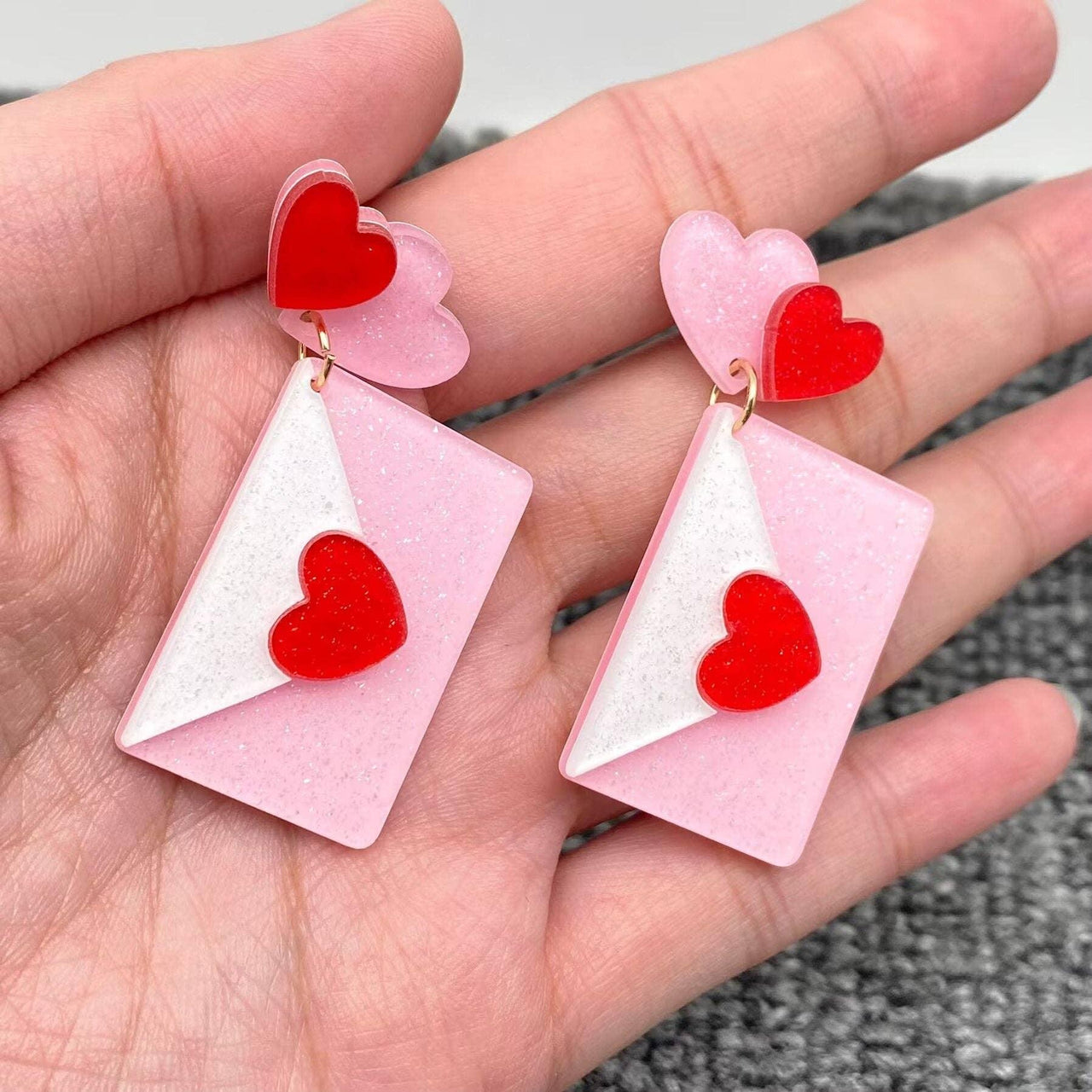 Acrylic Pink Heart Envelope Post Earrings - Modestly Vogue 