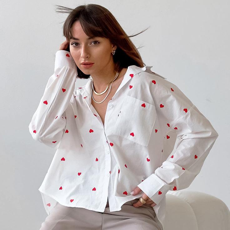 Tops Blouses Women – Blouses | Heart Print Cotton Linen Collared Women Shirt - Modestly Vogue 