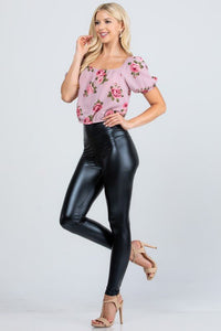 Jet black high waist shiny PU leather leggings - Modestly Vogue 