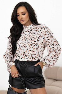 Leopard Print Lantern Sleeve Mock Neck Blouse - Modestly Vogue 