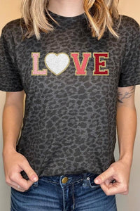 Love Faux Chenille Letters Black Leopard Tee - Modestly Vogue 