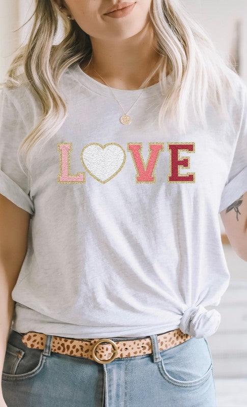 Love Faux Chenille Letters Graphic Tee - Modestly Vogue 