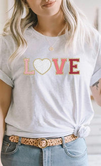 Love Faux Chenille Letters Graphic Tee - Modestly Vogue 