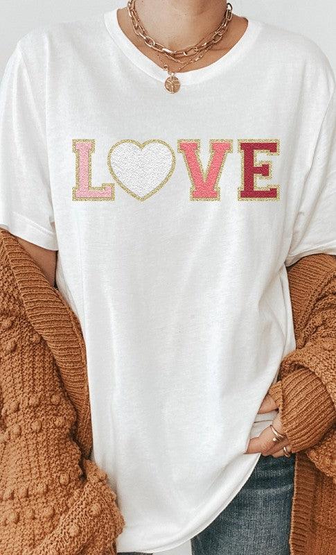 Love Faux Chenille Letters Graphic Tee - Modestly Vogue 