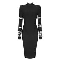 Black Rhinestone Long Sleeve Turtleneck Bandage One Piece Dress Slimming Knitted round Neck Gown - Modestly Vogue 