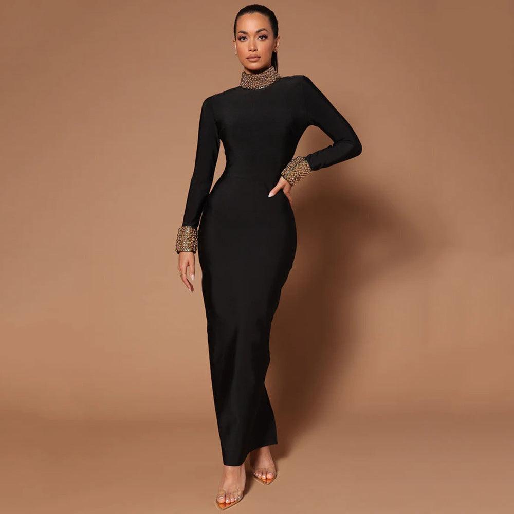 Gown | Diamond Bead Long Sleeve Bandage Backless Party Cocktail Dress - Modestly Vogue 