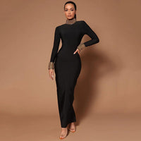 Gown | Diamond Bead Long Sleeve Bandage Backless Party Cocktail Dress - Modestly Vogue 