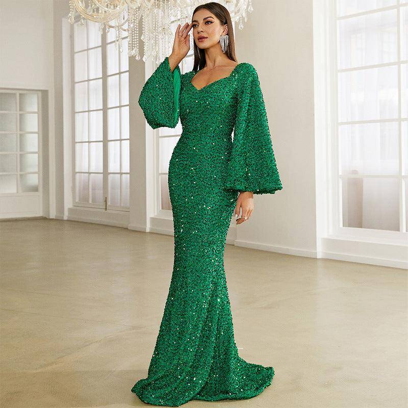 Sequin Toast Dress Mid Length Slimming Solid Color V neck Dress - Modestly Vogue 