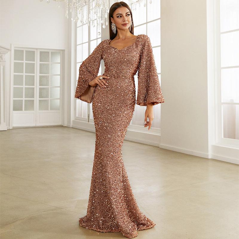 Sequin Toast Dress Mid Length Slimming Solid Color V neck Dress - Modestly Vogue 