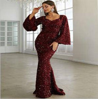 Sequin Toast Dress Mid Length Slimming Solid Color V neck Dress - Modestly Vogue 