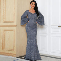 Sequin Toast Dress Mid Length Slimming Solid Color V neck Dress - Modestly Vogue 